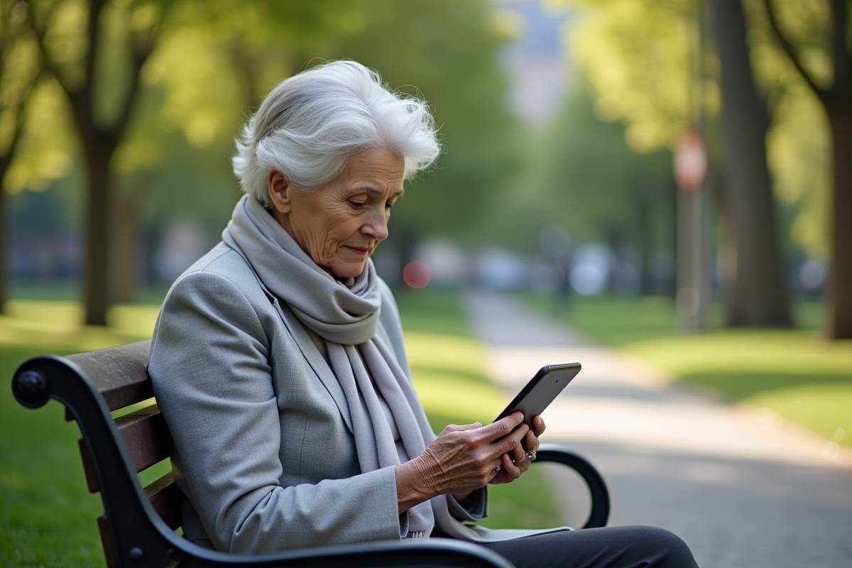 Femme âgée utilisant une tablette dans un parc ensoleillé