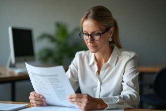 Femme d'âge moyen lisant un document bancaire au bureau