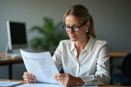 Femme d'âge moyen lisant un document bancaire au bureau