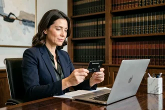 Femme cadre en blazer marine gérant ses finances dans un bureau de banque privée BNP Paribas avec carte bancaire premium