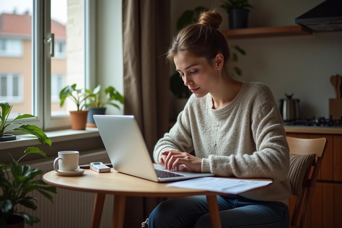 Jeune femme belge étudiant son budget avec cigarette