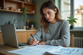 Femme consultant son budget mensuel à la table de la cuisine dans un appartement moderne, illustrant la gestion du salaire et du niveau de vie