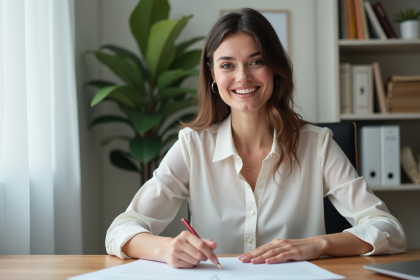 Femme en bureau moderne organisant ses papiers