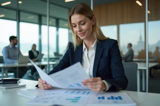 Femme professionnelle analysant des documents de salaire net dans un bureau moderne à Zurich, illustrant les écarts de revenus entre cantons suisses