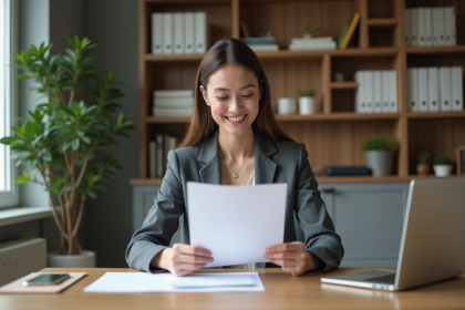Femme souriante lisant un document dans un bureau à domicile