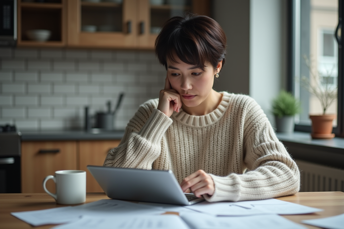 Femme calculant des frais dans une cuisine chaleureuse