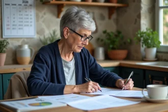 Femme d'âge mûr consultant un calendrier de paiement 2026 et des documents financiers à sa table de cuisine