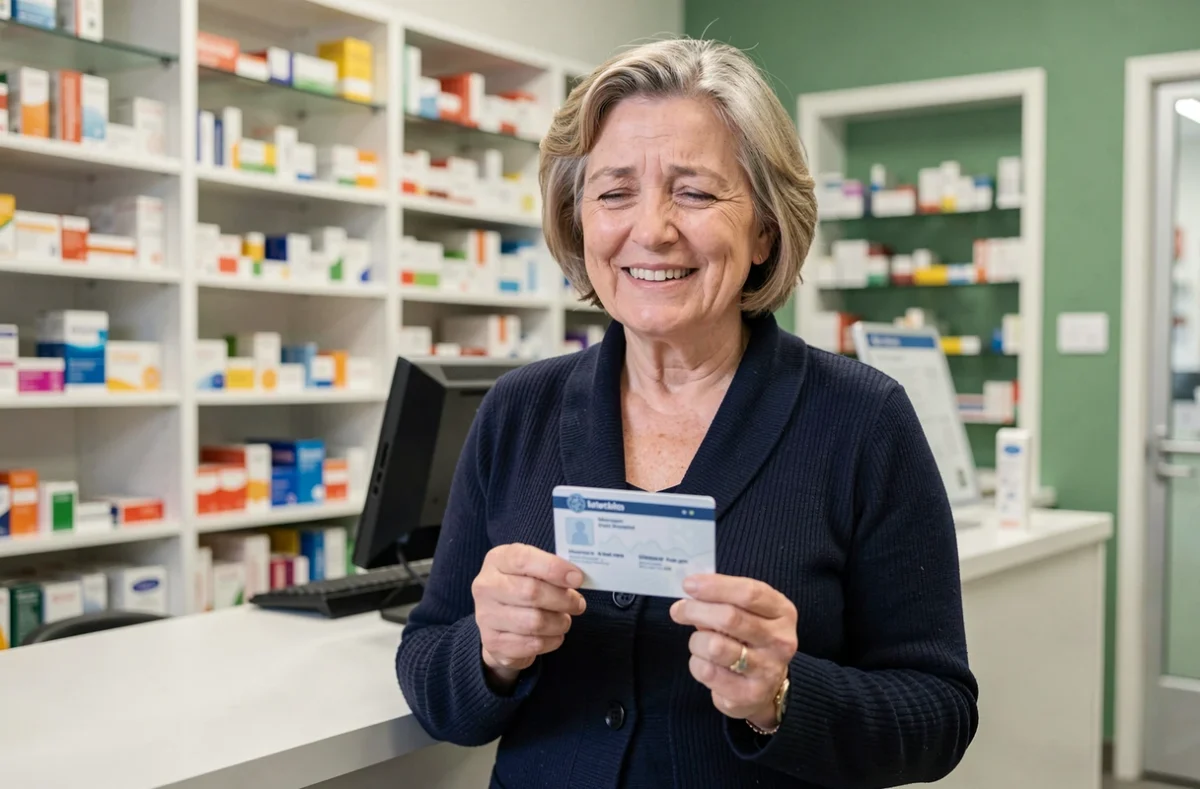 Femme souriante tenant sa carte de mutuelle santé devant un comptoir de pharmacie