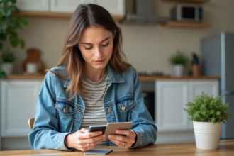 Femme examinant des cartes bancaires dans une cuisine lumineuse