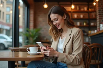 Jeune femme vérifiant le taux euro dollar sur smartphone