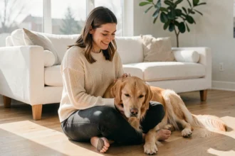 Jeune femme souriante caressant son golden retriever dans un salon moderne, illustrant l'assurance chien Otherwise