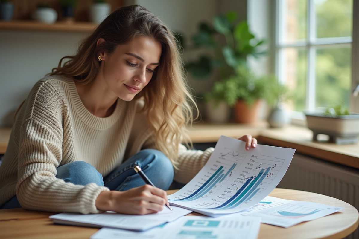 Femme analysant des graphiques ETF sur papier à la maison