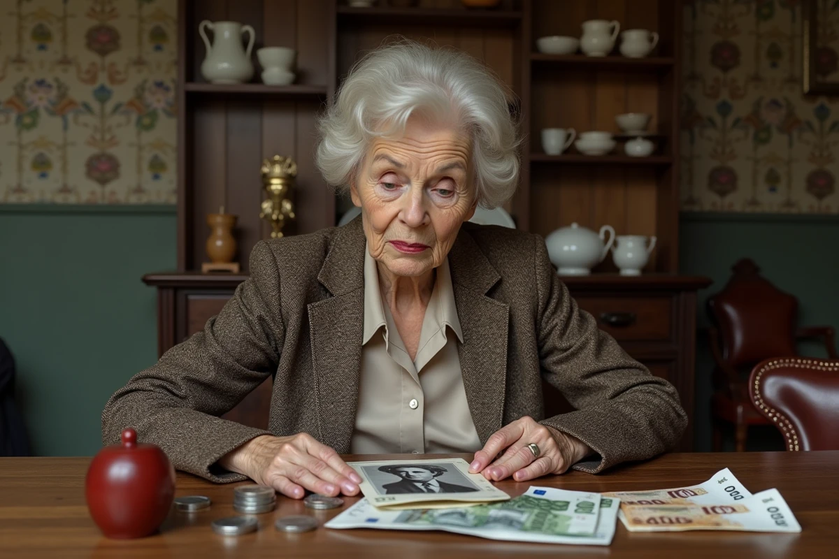 Femme âgée regardant une photo nostalgique dans sa cuisine
