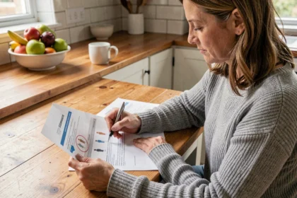 Femme comparant des offres de mutuelle santé pas chère à la maison avec des documents imprimés