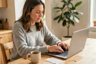 Femme consultant son compte bancaire CMB Bretagne sur un ordinateur portable à la maison