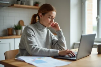 Femme consultant son livret d'épargne LEL sur un ordinateur portable à la cuisine pour optimiser ses intérêts