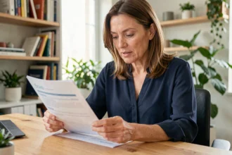 Femme consultant les documents de sa mutuelle santé Plansanté à son bureau à domicile