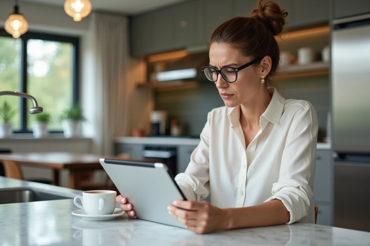 Femme fâchée utilisant une tablette dans une cuisine moderne