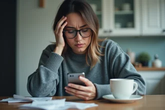 Femme inquiète consultant son application bancaire avec un solde négatif affiché sur son smartphone, assise à une table de cuisine encombrée de reçus