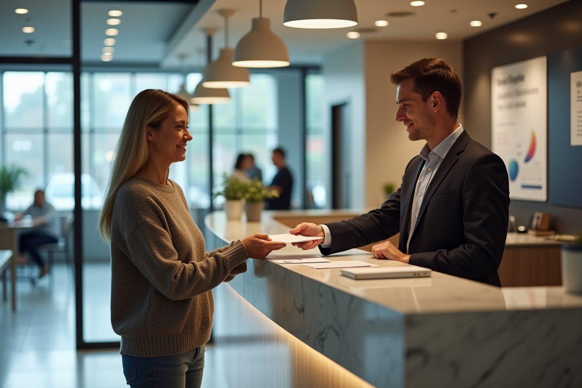 Femme remettant documents à un agent bancaire