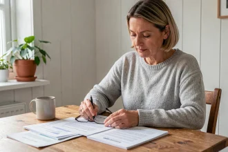 Femme consultant des relevés bancaires et documents CAF sur une table en bois à domicile