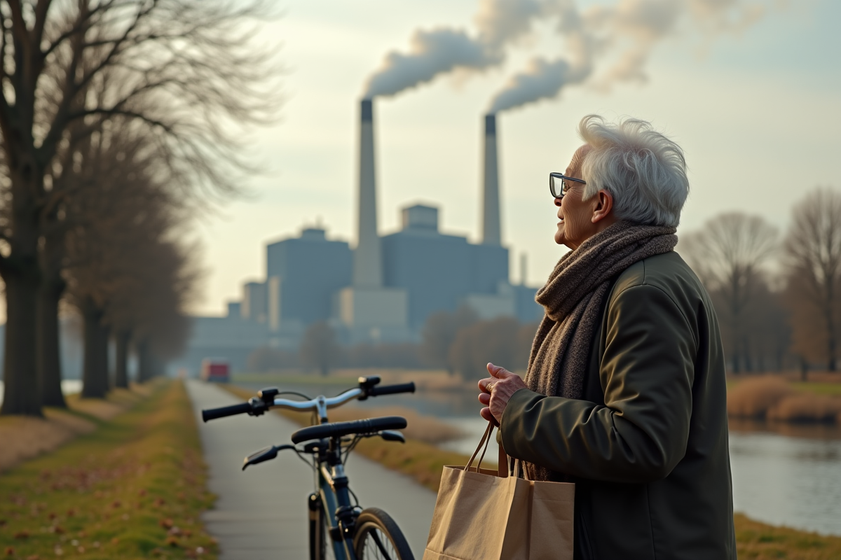 Femme âgée avec sac réutilisable regarde une usine émettant de la vapeur
