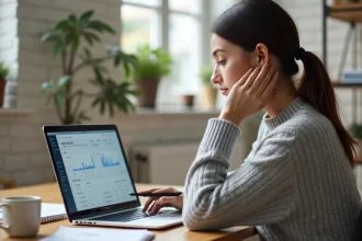 Femme consultant son espace client bancaire sur un ordinateur portable pour suivre son budget personnel à domicile