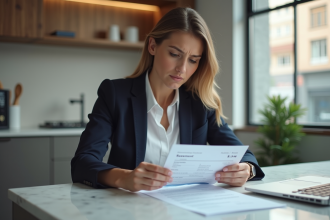 Femme professionnelle examine un relevé bancaire à la maison