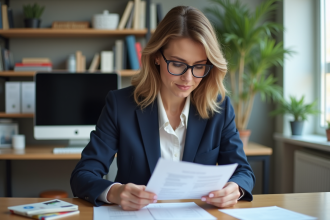 Femme d'affaires en bureau à domicile examine un relevé financier