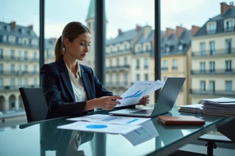 Femme d affaires analysant des graphiques financiers dans un bureau européen