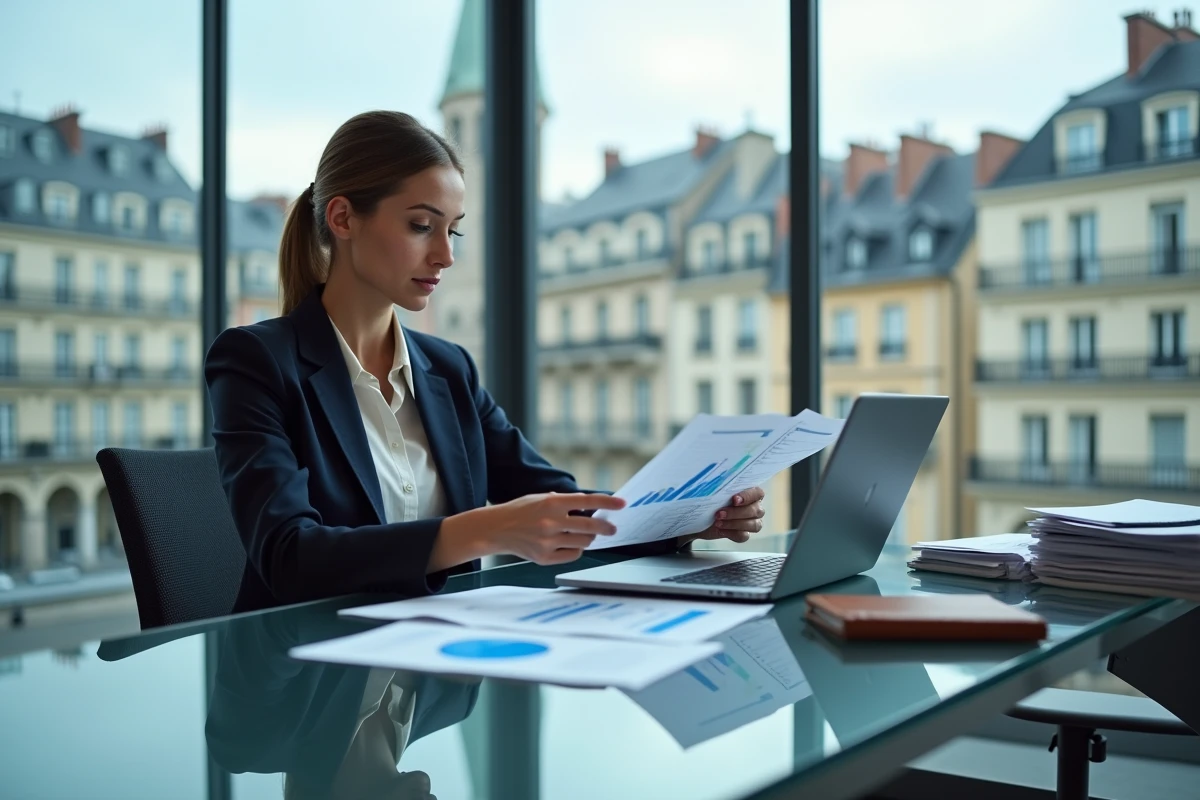 Femme d affaires analysant des graphiques financiers dans un bureau européen