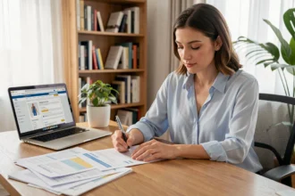 Femme remplissant un formulaire de mutuelle santé à son bureau à domicile