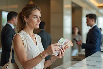 Femme française tenant des billets de dirham et euros à la banque