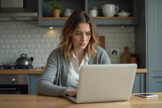Femme frustrée devant son ordinateur portable en cuisine