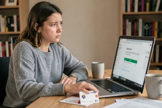 Femme frustrée devant un écran d'ordinateur portable avec une erreur de paiement et une carte cadeau Kadeos posée sur le bureau