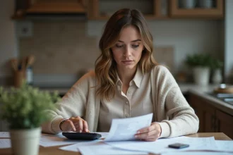 Jeune femme réfléchissant à sa fiche de paie à la maison