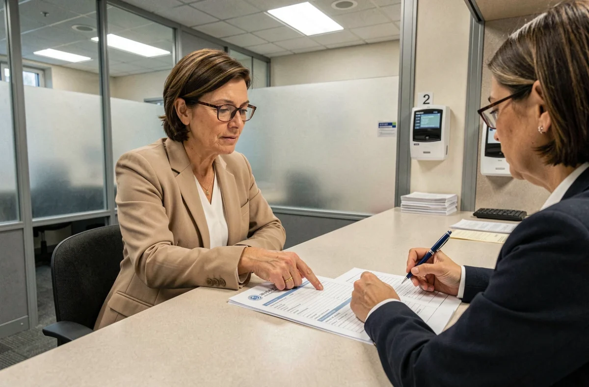 Femme pointant une erreur sur un formulaire de bordereau d'amendes au guichet d'un service administratif