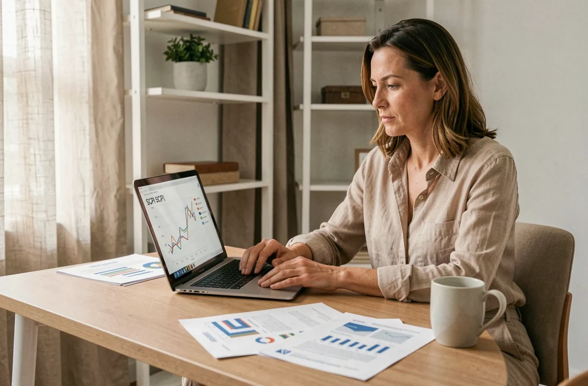 Femme consultant des documents de SCPI sur ordinateur portable dans un bureau à domicile