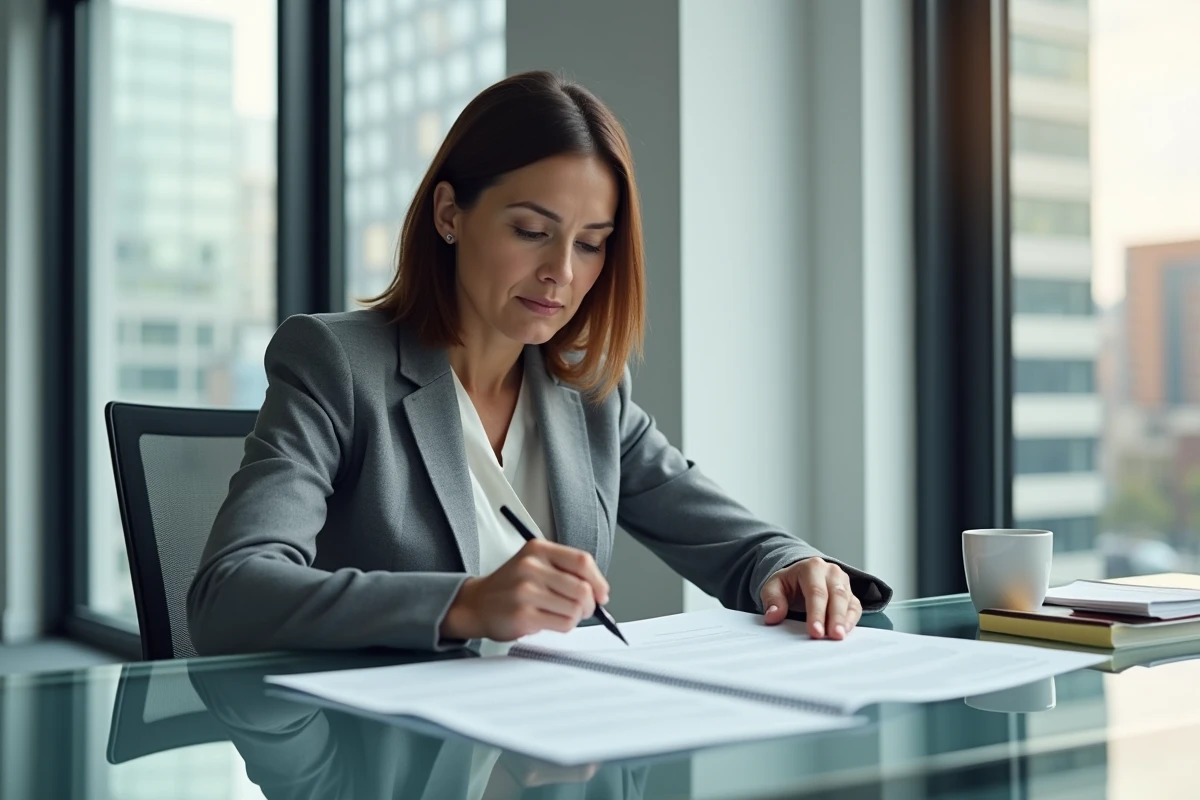 Femme lisant attentivement un compromis de vente avant signature dans un bureau moderne