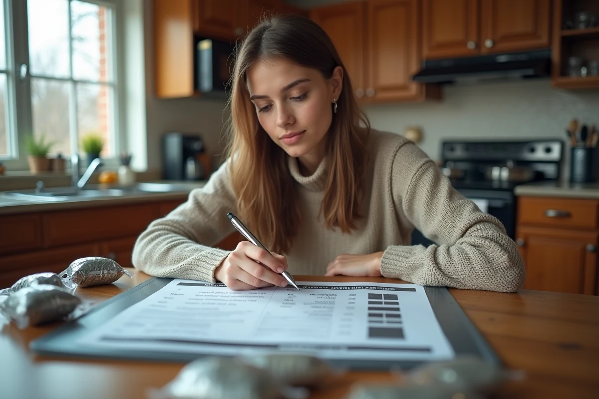 Jeune femme examine un graphique de prix de métaux dans la cuisine