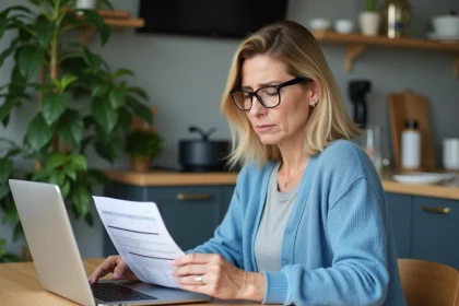 Femme d'&acirc;ge moyen avec cardigan bleu et lunettes utilisant un ordinateur portable
