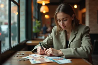 Femme examinant des euros et des livres irlandaises dans un café de Dublin pour gérer ses frais de change en voyage