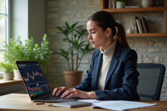 Femme en bureau moderne regardant des graphiques crypto