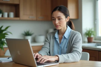 Femme utilisant un ordinateur dans une cuisine lumineuse