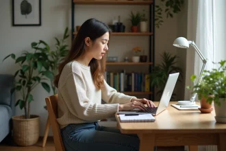 Jeune femme utilisant un ordinateur pour gérer ses finances à la maison