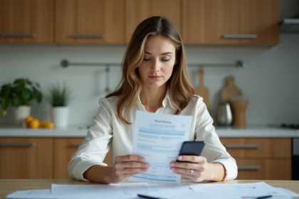 Femme assise à la cuisine avec relevé bancaire et smartphone
