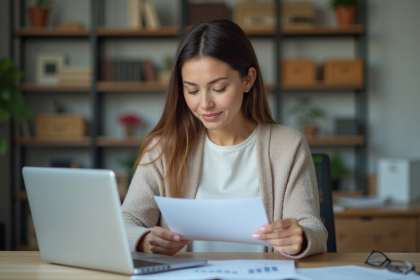 Femme organisée dans son bureau à domicile pour gérer ses finances