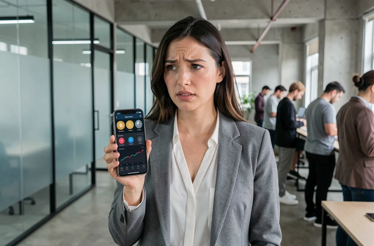 Femme consultant son portefeuille de cryptomonnaies sur smartphone dans un espace de coworking moderne