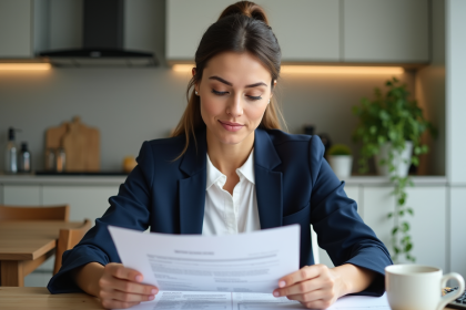 Femme professionnelle examine documents de prêt immobilier à la maison