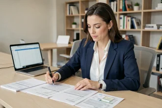 Une professionnelle examine ses documents fiscaux et reçus de repas pour optimiser sa déclaration d'impôts 2026